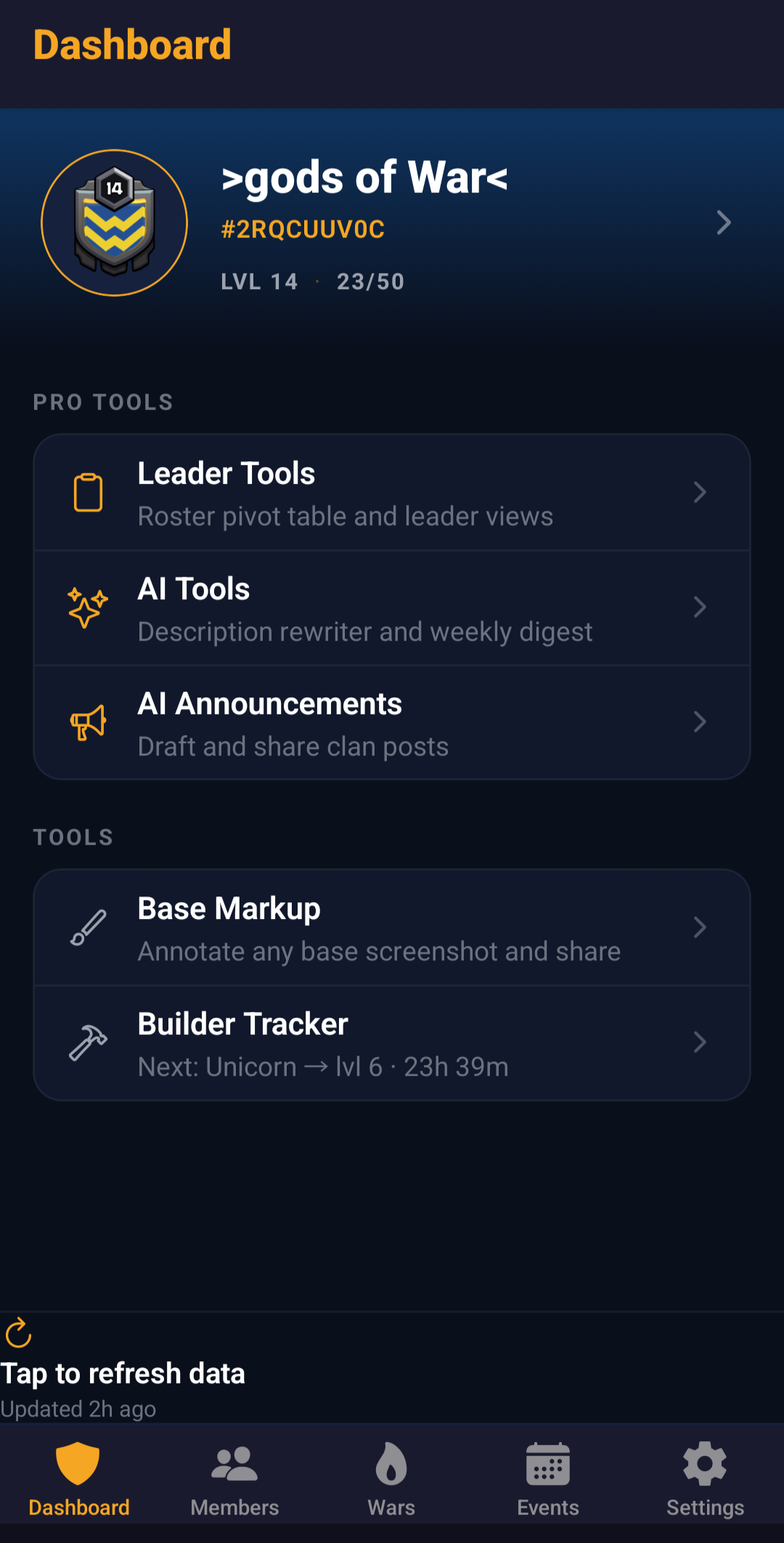 ClanForge dashboard on Android showing a clan overview, member roster summary, and quick actions